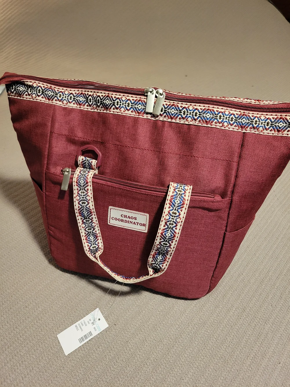 MAURICES Burgundy Insulated Tote with Patterned Trim